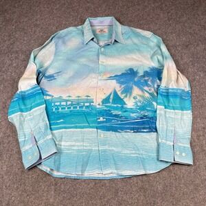 Madda Fella 100% Linen Shirt Mens Medium Blue Key West Tropical Print LS Coastal